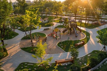 Wall Mural - A top-down view of a park featuring a playground area with children playing and interacting