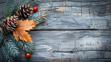 Sticker - Pine and spruce branches adorned a white leaf with a cone on a wooden background from the top with space for text