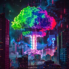 Wall Mural - A colorful explosion is depicted in the sky above a city