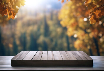 Wall Mural - 'landscape autumn trees bokeh closeup winter nature concept advertising splay platform podium tabletop exposition empty wooden blurred product poduim table dais'