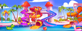 Fototapeta Sport - Swimming pool with slides at summer resort. Aqua park with colorful amusement equipment, inflatable ball and rings, tropical palm trees, chaise lounge under parasol, vacation in hotel, outdoor fun