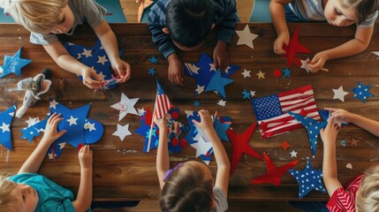 Children creating patriotic crafts and artwork to celebrate Memorial Day. 