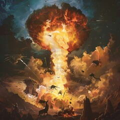 Canvas Print - A fantasy illustration of a nuclear explosion with a mushroom cloud that envelops mythical creatures fleeing the blast. 