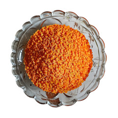 Wall Mural - A glass plate filled with vibrant red lentils sits atop a rustic wooden table set against a transparent background