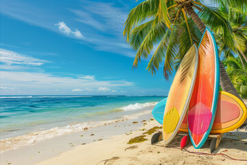 Wall Mural - Colorful surfboards standing on a beach with beautiful sea and palm trees background in summer time