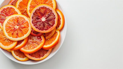 Sticker - Blood orange slices in a bowl on a white table top view space on the right