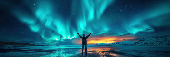 Wall Mural - silhouette of man traveler standing on shore of sea on background of bright colorful polar northern 