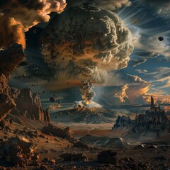 Canvas Print - A futuristic view of a nuclear explosion on another planet, with a colossal mushroom cloud rising above a strange, alien landscape.