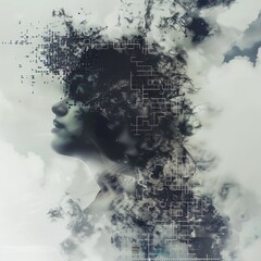 Canvas Print - A woman's face is blurred and distorted, with a dark background and a cloudy sky