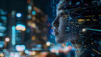 Poster - a woman's face is projected onto a city skyline. concept of technology and artificial intelligence, 