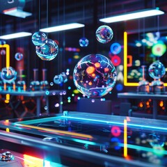 Poster - A room with many colorful spheres hanging from the ceiling