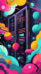 Wall Mural - colorful illustration of a secure server environment, pop art style with dynamic lines and bubbles