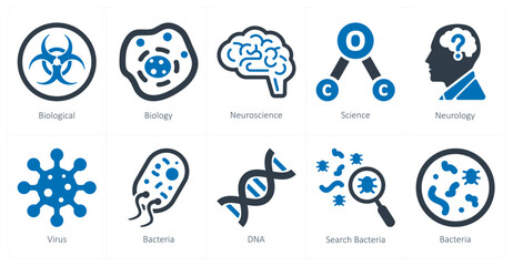 a set of 10 science and experiment icons as biological, biology, neuroscience