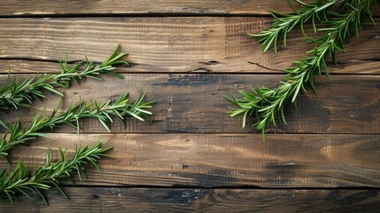 Poster - Top view of fresh rosemary herb on a wooden background with space for text