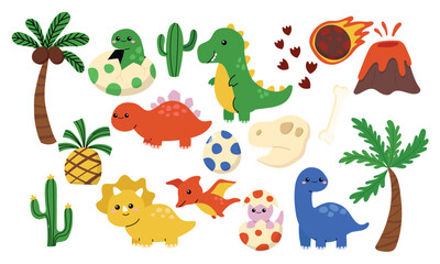 Cute prehistoric dinosaur character element set