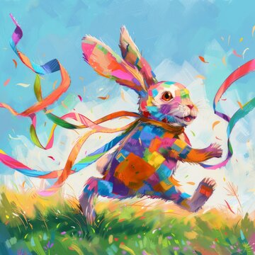 A colorful rabbit is running through a field of grass with ribbons in its mouth