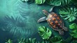 Sea turtle swimming near surface amidst tropical leaves
