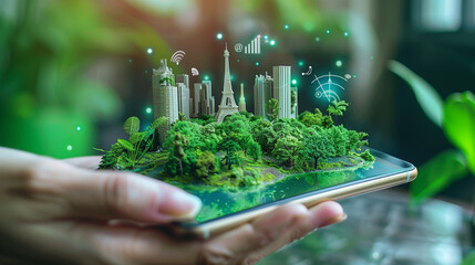 Poster - A hand holding a cell phone with a green city on the screen. The town is surrounded by trees and a river