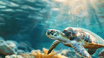 Wall Mural - Sea turtle swimming near coral reef underwater with sunlight filtering through water
