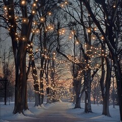 Canvas Print - A magical winter scene with leafless hardwood trees lined with string lights, glowing warmly against the twilight. 