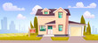 House for sale in suburban town. Vector cartoon illustration of family home building with garage, green backyard with lawn and trees, realtor agency banner, big city silhouettes on horizon, blue sky