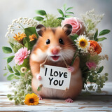 Fototapeta  - Ich liebe Dich - I love you. Ein lustiger Hamster steht mit Blumen und bekundet seine Liebe zu dir.