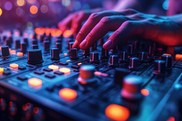 Wall Mural - male hands of DJ mixes on a DJ console mixer at night club in party closeup