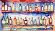 Various of colorful liquor bottles on the shelf, watercolor painting style, generative AI.