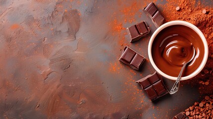 Wall Mural - Bowl of melted chocolate surrounded by pieces and cocoa on dark textured surface