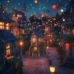 Wall Mural - A city street at night with houses lit up and a large number of colorful lights