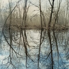 Wall Mural - A painting of a forest with trees and water