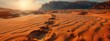Footprints leading through sand dunes, a journey's silent testimony. Hyperdetailed. Photorealistic. HD. super detailed