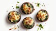 Gourmet top shot of cheesy spinach and mozzarella stuffed mushrooms on a stark white background, studio lighting enhancing textures