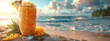 Tropical mango smoothie with a pineapple wedge, beach background. Hyperdetailed. Photorealistic. HD. super detailed