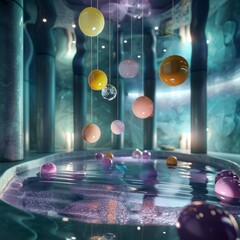 Canvas Print - A room with a large pool of water and many colorful balls floating in it