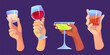 Glasses with alcohol cocktails in human hands. Male and female arms holding glassware with shot and long drinks for party and celebration concept. Cartoon vector illustration set of festive beverage.