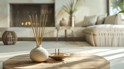 A modern living space enhanced by artisanal ceramic decor and incense sticks, radiating minimalist elegance