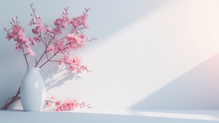 Wall Mural - Pink flowers in white vase under soft light with shadows on surface
