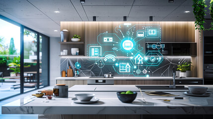 Poster - A smart home of the future, where interconnected devices communicate seamlessly to automate tasks, adjust environmental settings, and enhance security, all controlled through intuitive digital interfa