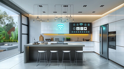 Poster - A smart home of the future, where interconnected devices communicate seamlessly to automate tasks, adjust environmental settings, and enhance security, all controlled through intuitive digital interfa