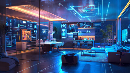 Poster - A smart home of the future, where interconnected devices communicate seamlessly to automate tasks, adjust environmental settings, and enhance security, all controlled through intuitive digital interfa