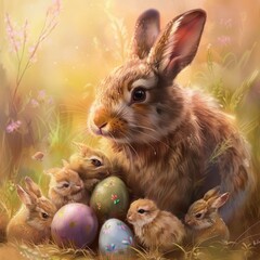 Wall Mural - A rabbit is holding a bunch of eggs in its mouth