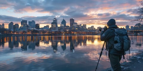 Wall Mural - A photographer capturing the reflection of a cityscape in a calm river. 