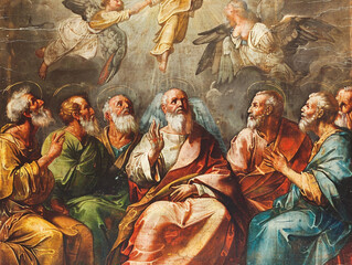 Wall Mural - Religious artwork showing Pentecost with beams of light and Holy Spirit descending on followers.