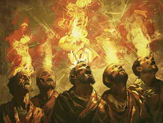 Wall Mural - Religious painting of Pentecost, showing disciples receiving tongues of fire, vibrant colors and detail.