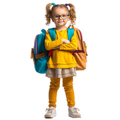 Happy girl kid student on isolated transparent background