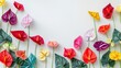 A vibrant display of handcrafted anthurium flowers made from colorful paper arranged artistically against a white background with ample copy space