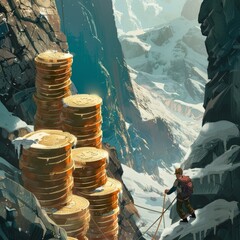 Wall Mural - A man is climbing a mountain with a backpack and a rope