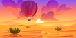 Hot air balloon and sunset desert landscape scene. Wild west horizon illustrated design. Beautiful sahara valley with sun in pink and orange sky summer banner. Arabian sand hills game illustration