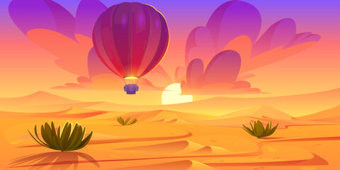 Wall Mural - Hot air balloon and sunset desert landscape scene. Wild west horizon illustrated design. Beautiful sahara valley with sun in pink and orange sky summer banner. Arabian sand hills game illustration